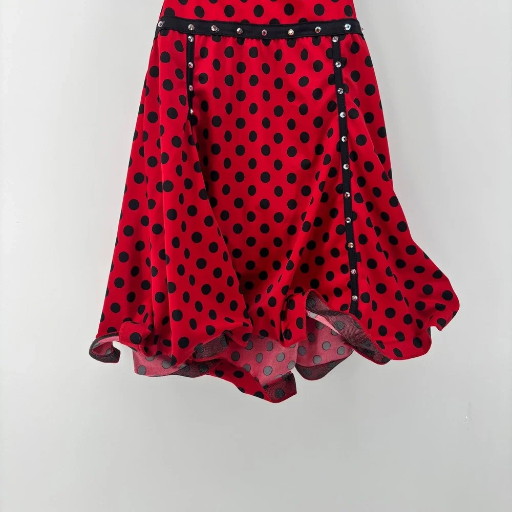 Ladybug Red Black Polka Dot Rhinestone Open Back Dance Costume Large Girls